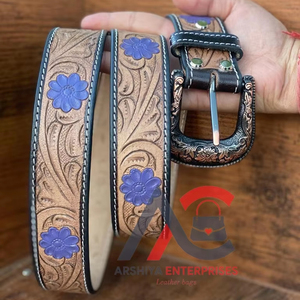 Nuevo Western Stylish Real Genuine Hand Tooled Leather Floral Paint Designer Belts Cinturón de cintura unisex de cuero hecho a mano de alta calidad - Product Image 1
