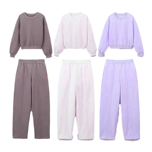 Survêtement pour femme en coton 100% surdimensionné, sweat-shirt à col rond, pantalon, col à capuche, motif uni, polaire épais 350 g/m² pour l'hiver - Product Image 3