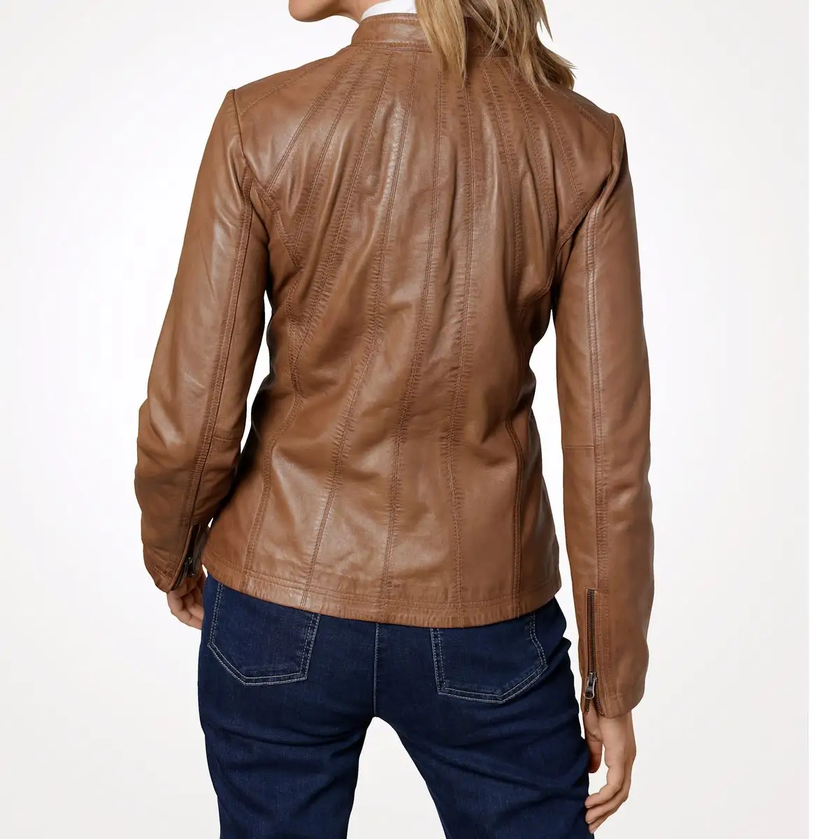 Famous brand ladies leather jacket with brown color stand collar zip up women jackets