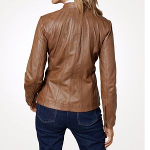 Veste matelassée confortable pour femmes de marque célèbre dames en cuir véritable avec col montant marron fermeture éclair tissé respirant - Product Image 1