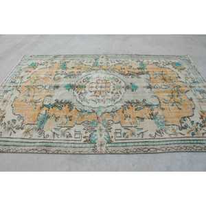 Turkish Vintage Large Rug 5.7x9.1 ft, <b>Yellow</b> Blue Striped <b>Wool</b> Rug - Product Image 2