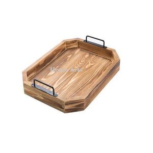 Plateau de service alimentaire en bois massif avec poignées en fer Taille et forme personnalisées Plateau de service aux dates pour collations à vendre - Product Image 1