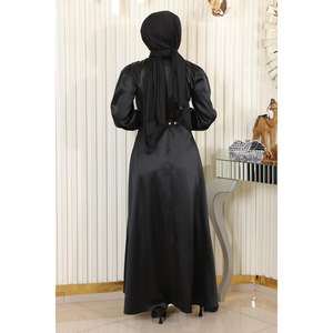 Robe de soirée en satin noir avec détails en pierres, robe de bal à sequins avec taille empire, taille XS - Robe longue de soirée pour femme MSW19901-1 - Product Image 4