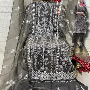 Elegante Organza bordada Salwar Kameez Traje de Evento de temporada de adultos indios con parte inferior e interior de Santoon - Product Image 1