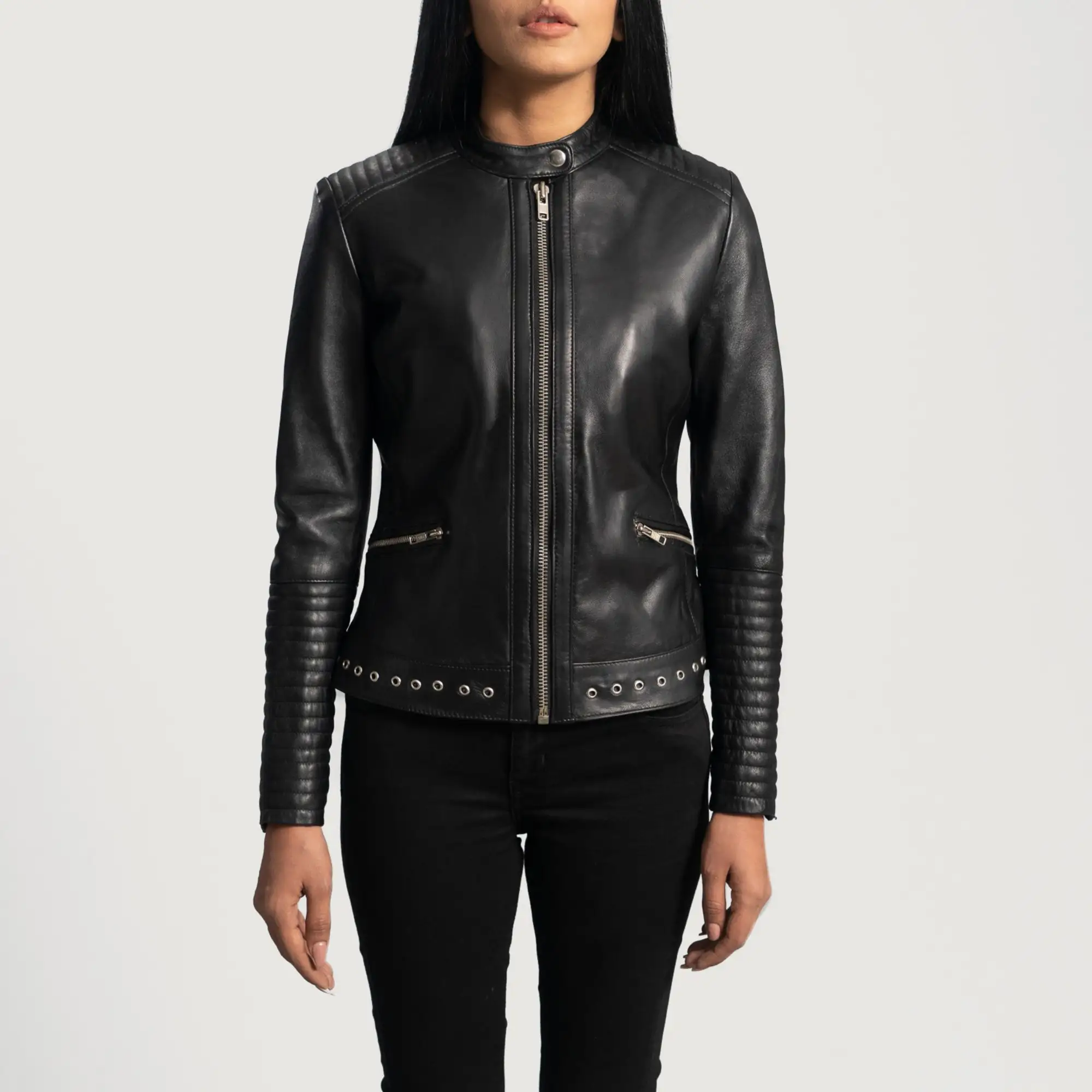 Real Leather Sheepskin Aniline Zipper Haley Ray Black Women Biker Jacket with Quilted Viscose Lining and Inside Outside Pockets