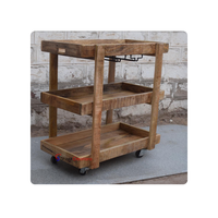 Chariot-bar rustique en bois de style ancien, design moderne, en bois de manguier avec roulettes, multifonctionnel pour usage intérieur (cuisine, salle de bain, parc)