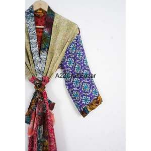 Bata Bohemia de Seda 100% Hecha a Mano para Mujer, con Parches, Cuello en V, Cordón Ajustable, Manga Larga, Suave, para Invierno, Otoño y Verano - Product Image 3