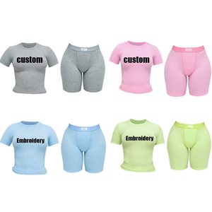 Ensemble de vêtements de sport pour femmes, sweat-shirt imprimé streetwear avec logo personnalisé, chemises d'été, shorts, vêtements de détente, spandex/polyester, 2 pièces - Product Image 1