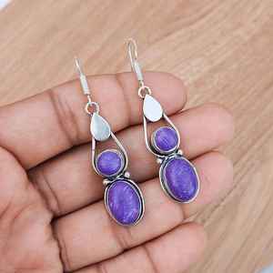 Pendientes Colgantes de Charoita con Plata de Ley y Múltiples Piedras, Hechos a Mano, de Lujo, Estilo Boho, para Boda, Regalo para Mujer - Product Image 2