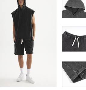 OEM personalizado de los hombres de rizo 100% de algodón casual lavado vintage con capucha de dos piezas conjunto de pantalones cortos de verano con capucha conjuntos de secado rápido - Product Image 2