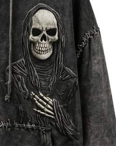 Sweat à capuche surdimensionné en molleton de coton pour femme, personnalisé, noir anthracite, délavé à l'acide, avec broderie graphique de crâne, style streetwear - Product Image 5