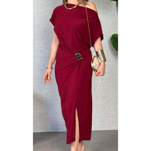 Robe longue décontractée Jane's pour femme, à manches courtes, asymétrique, taille élastique, couleur bordeaux, idéale pour l'été et les vacances à la plage - Product Image 3