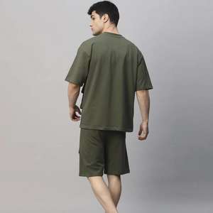 Conjunto de Hombre de Verano, Sudadera de Cuello Redondo Informal, de Punto, Color Sólido, Jacquard Vintage, Bordado, Antiarrugas, de Manga Corta y Pantalones Cortos - Product Image 2