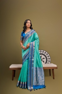 Speciale Festivalkleding Meest Trending Zachte Desi Tussar Zijden Sari Met Pauwvlechten Rand Fancy Kwastjes Werken <span class=keywords><strong>Online</strong></span> Winkelen - Product Image 3