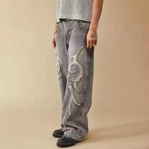 Custom Logo 3D <b>Embroidered</b> Distressed Gray Straight Baggy Men's <b>Jeans</b> High Waist Hip Hop Streetwear Denim Medium Wash Autumn - Product Image 4
