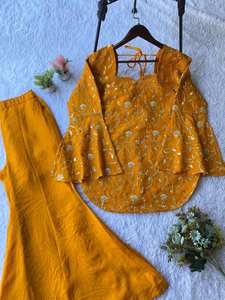 Ensemble coordonné traditionnel brodé jaune moutarde pour femmes, Salwar Kameez, pantalon palazzo, vêtements indiens indo-occidentaux, tenue de fête - Product Image 6