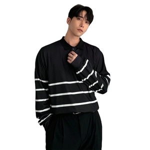 Polo rayé noir et blanc à manches longues pour hommes, chemise décontractée pour les trajets quotidiens, vêtements d'automne - Product Image 1