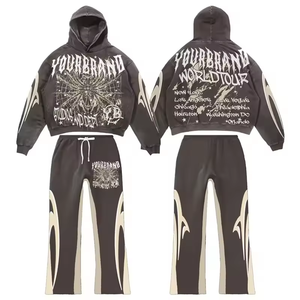 Alta calidad Vintage 100% algodón Unisex Streetwear sólido invierno ácido lavado Jogging conjunto bordado Sudadera con capucha pantalones de chándal acampanados - Product Image 4