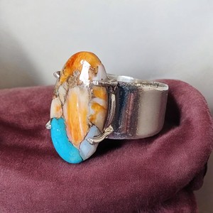 แหวนเงินสเตอร์ลิง925ทำด้วยมือพลอยเทอร์ควอยซ์ทองแดงหอยนางรมที่สวยงามสำหรับสตรีฝังขอบทรงวงรี - Product Image 1