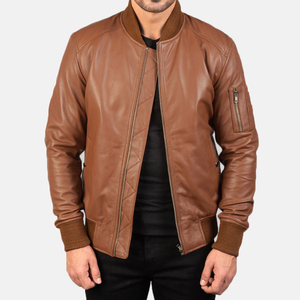 แจ็คเก็ตหนังสีน้ำตาลคุณภาพดี แต่งปกแบบซิปและกระดุมแป๊ก ทรงสวย สำหรับผู้ชาย สไตล์นักขี่มอเตอร์ไซค์ เสื้อผ้าตัวยาว - Product Image 6