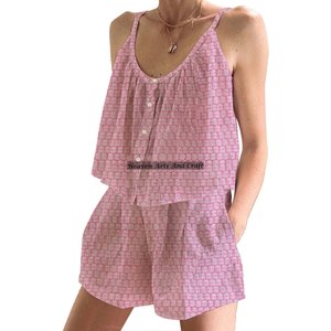 Conjunto de Pijama de Algodón para Mujer - Ropa de Estar en Casa con Estampado Floral Hecho a Mano, Conjunto de Pijama Ajustado sin Mangas con Tirantes para Primavera/Verano - Product Image 5