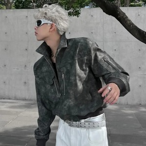 Veste recadrée en cuir PU pour hommes, col rabattu, dégradé de couleur, manteau rétro à fermeture éclair, vêtements de moto de qualité supérieure. - Product Image 6