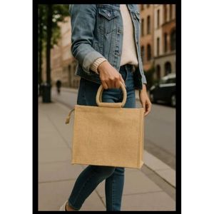 Brown Jute Medium Shopping <b>Bag</b> Recyclable Fabric Beach Daily <b>Drawstring</b> <b>Bag</b> Letter Screen Pattern for Foods Advertising Gifts - Product Image 1