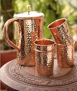 Jarra de cobre y vidrio Juego de jarra y vidrio de cobre hecho a mano Premium Cobre puro 100% Beneficios DE SALUD ayurvédicos ideales Decoración del hogar - Product Image 1