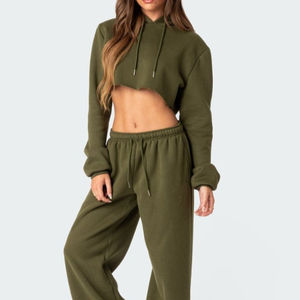 Sudadera con capucha de lana recortada para mujer 52% Airlume anillo peinado hilado 48% Poly Fleece diseño de hombro caído - Product Image 3