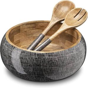 Bol à salade en bois de manguier au design classique cuillère Table à manger haute décorative bol en bois imprimé en émail multicolore poli HF - Product Image 5