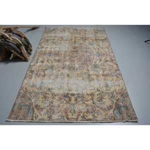 Tapis turc vintage Beige bleu 4.9x 7.9ft tissage plat en laine avec motif patchwork pour les décorations de salon - Product Image 1