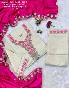 Ensemble Kurti et pantalon pour femme, style indien ethnique tendance, en coton, avec broderie à la main, pour mariage, fête festive, vente en gros - Product Image 3