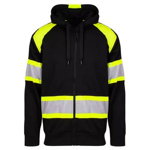 Hola Vis Negro Reflectante Transpirable Certificado CE Ropa DE TRABAJO Sudadera con capucha Cremallera Seguridad industrial Sudadera de lana con cinta plateada - Product Image 1