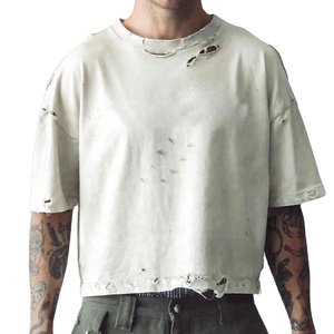 Camiseta de hombre al por mayor, vintage, con lavado ácido, 100% algodón, corte holgado, extragrande, corta, desgastada, con diseño de punto y estampado - Product Image 1