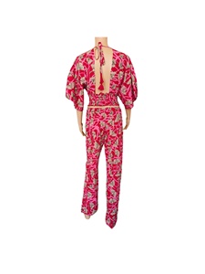 Conjunto de Blusa y Pantalón para Mujer de 100% Algodón con Estampado Floral, Blusa Elegante de Uso Casual con Cuello en V, Botones y Borlas, Pantalones Cortos hasta el Tobillo - Product Image 4