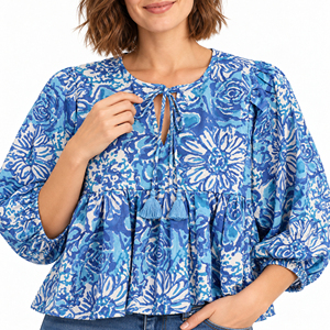 Blusa de Verano con Estampado Indio, Diseño Floral Bohemio Informal, Transpirable, Ecológica, Hecha a Mano, Cuello en V, Botones, Manga Abullonada, 100% - Product Image 5