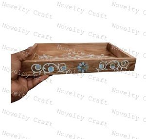Plateau en bois avec incrustation de nacre, plateau de service pour la maison, l'hôtel, plateau de service alimentaire, fabriqué en Inde - Product Image 5