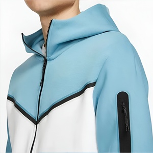 Men's Color Blocking Hooded Sweatshirt Set Slim Fit Zip-Up Casual Joggers Blue White Polyester Cotton FRENCH TERRY Autumn Wear - Product Image 3