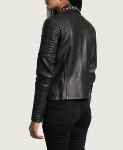 แจ็คเก็ตนักขี่จักรยานหนังแกะแท้มีซิปแซลลี่เมดสีดำบุผ้าวิสคอสและด้านในด้านนอก - Product Image 4