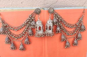 RadheKrishna German <b>Silver</b> Bahubali Earchain Stud Jhumki <b>Earrings</b> with Multi Layer Ghungroo Detailing Traditional Indian Jewelry - Product Image 4