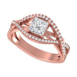 Bague de fiançailles en or rose 14K/18K avec diamant de laboratoire taille princesse, design unique à halo torsadé et à tige fendue, bijoux de mariée raffinés - Product Image 1