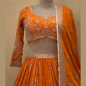 Tradicional naranja Lehenga pesado mano tocada Zari bordado trabajo cada hilo exuda elegancia hecho Georgette directo India - Product Image 2