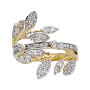 แหวนใบไม้สีขาวทอง14K ที่ได้แรงบันดาลใจจากธรรมชาติด้วยเพชรเจียระไนทรงกลมที่งดงามการจัดวางแบบง่ามทางพฤกษศาสตร์ - Product Image 3