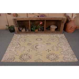 Vintage 39 X 63 ft Turkish Rug Handmade Yellow Beige Wool Classic Patchwork Design Rectangular Hallway for Bedside 4m Latex - Product Image 4