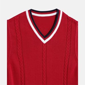 Style sans manches de haute qualité logo personnalisé OEM fabricant de gros 100% coton tissé col en V étudiant collage gilet pull pour hommes - Product Image 5