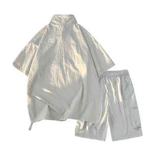 Conjunto cortavientos de nailon, chándal de nailon, chaqueta abotonada y conjunto corto cortavientos, camisa Boxy Fit con pantalones cortos para hombre - Product Image 6