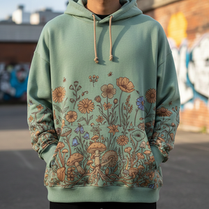 Sweat à capuche unisexe en coton 100% avec motif de champignons et de fleurs sauvages, style Cottagecore, vert sauge, coupe régulière, streetwear, polaire d'hiver - Product Image 1