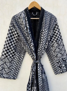 Veste Kantha en coton faite à la main Vintage Block Print Kimono Robe Ethnique Style Boho Noir Manteau Matelassé Gratuit Hiver Léger - Product Image 5