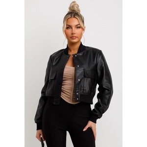 Blouson bombardier en similicuir noir Blouson bombardier de baseball en similicuir court pour femmes vintage Blouson bombardier en similicuir pour femmes - Product Image 1
