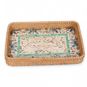 Plateau de service en rotin naturel écologique avec nacre pour servir les aliments, la salle à manger et la décoration de table - Product Image 1